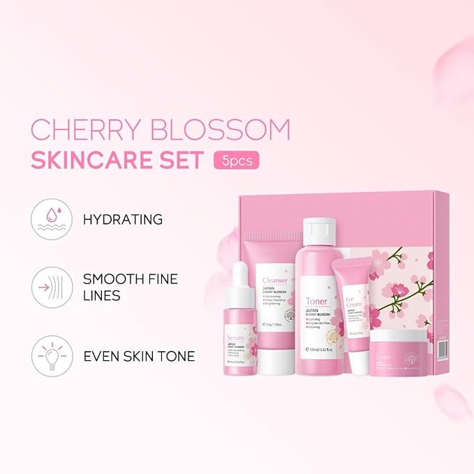 Greyghost Skin Care Set for Teenage Girls Women, 5 Pcs Cherry Blossom Skincare Set - Cleanser, Toner, Serum, Eye cream, Cream, Gentle Skin Cleaning & Care Gift Set, Travel Size Skin Care Set-VivaGrace Women