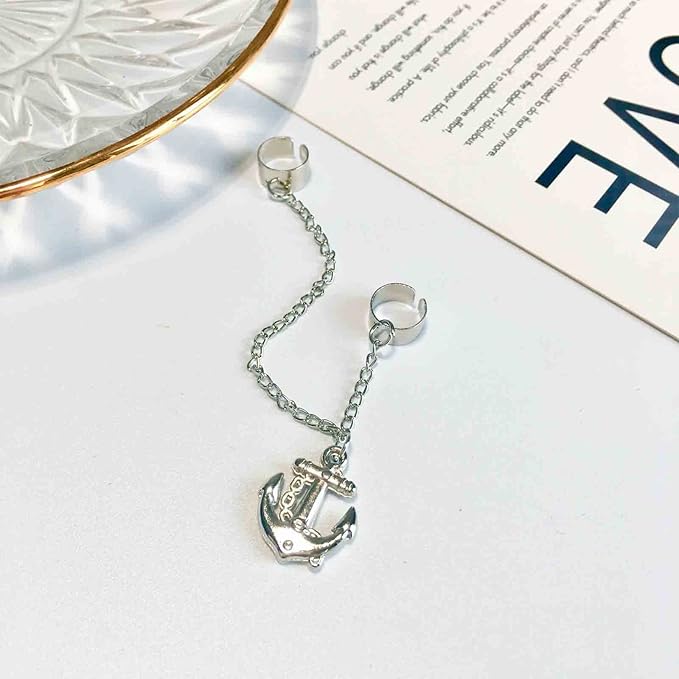 Anchor Chain Cuff Earrings Silver Anchor Dangle Chain Earrings Helix Chain Cartilage Earrings Non Piercing Earrings Jewelry for Women and Girls-VivaGrace Women