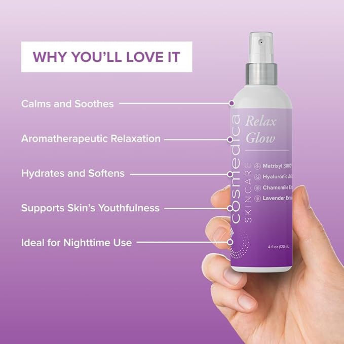 Cosmedica Skincare Relax Glow Hydrating Peptide Spray with Chamomile, Lavender Extract, Matrixyl 3000 & Hyaluronic Acid for Calming Skin, Moisturizer – 4 oz-VivaGrace Women