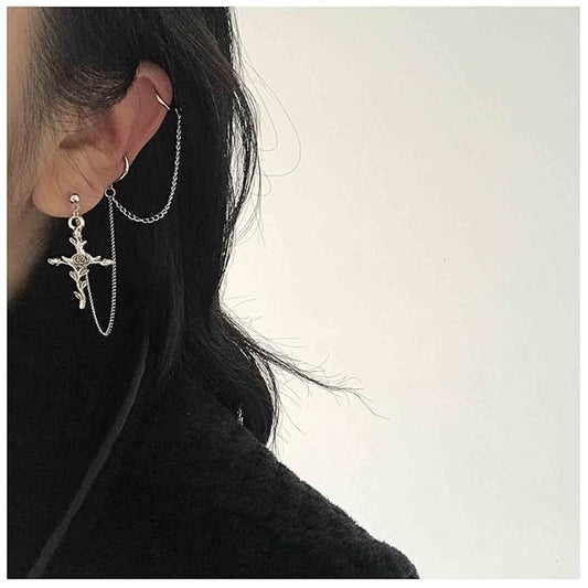 Cross Chain Cuff Earrings Silver Cross Dangle Chain Earrings Long Crucifix Drop Earrings Religious Ear Cuff Wrap Chain Earrings Jewelry for Women and Girls-VivaGrace Women