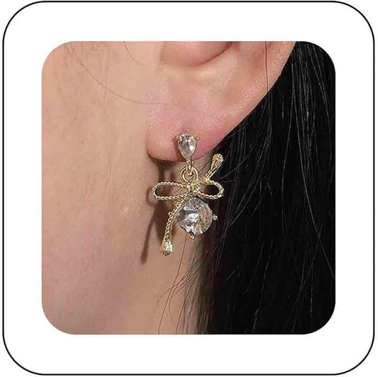 Vintage Rhinestone Bow Drop Earrings Gold Teardrop Crystal Earrings Round Cut Stud Earrings Bow Crystal Bridal Earrings Jewelry for Women-VivaGrace Women