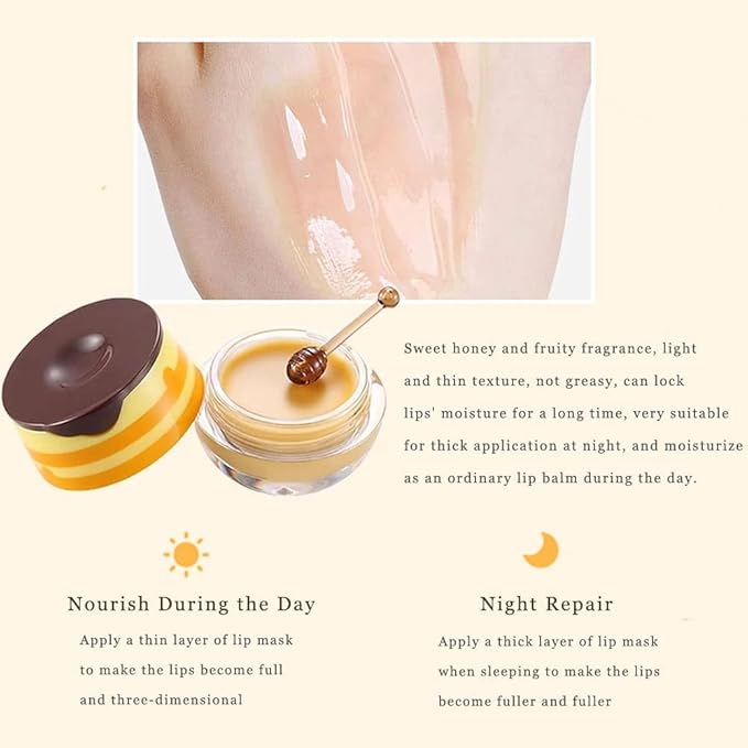 Lip Plumper Lip Mask Set, Bee Balm Lip Balm Honey Pot, Lip Plumper Gloss Lip Injection Honey Moisturizing Lip Sleeping Mask, Hydrating & Prevention Dry and Cracked Lip Scrubs Exfoliator-VivaGrace Women