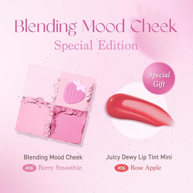Dasique Blending Mood Cheek Special Edition #06 Berry Smoothie with FREE Juicy Dewy Tint Mini #06 Rose Apple | 4 Blendable Shades in Lightweight Smooth Powder | Korean Makeup-VivaGrace Women