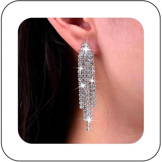 Vintage Rhinestone Chandelier Tassel Earrings Crystal Chain Drop Earrings Gold Long Tennis Chain Earrings Shine Chandelier Bridal Earrings Jewelry for Women-VivaGrace Women