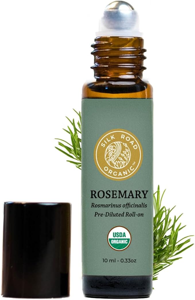 Silk Road Organic Rosemary Essential Oil & Jojoba Roll On, 100% Pure USDA Certified Aromatherapy to Improve Memory & Focus & Hair Health - 10 ml Roller-VivaGrace Women