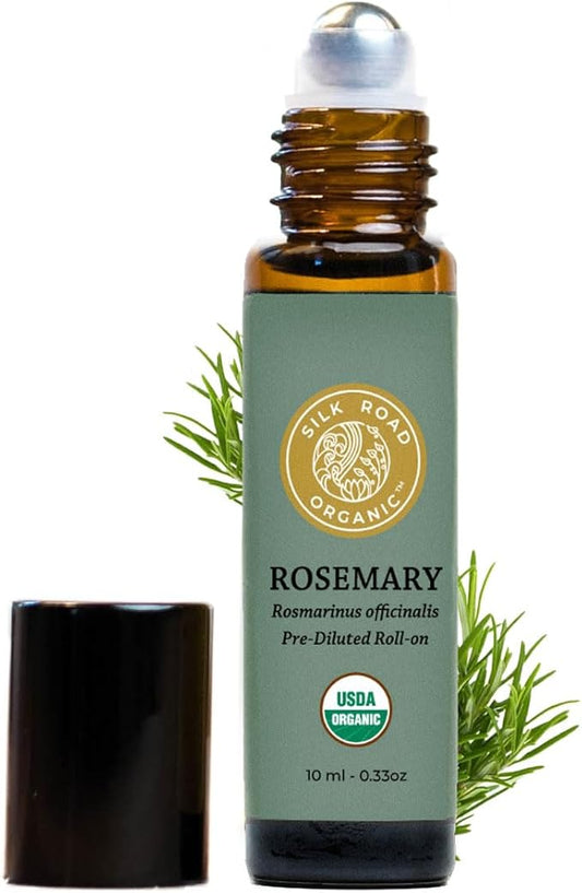Silk Road Organic Rosemary Essential Oil & Jojoba Roll On, 100% Pure USDA Certified Aromatherapy to Improve Memory & Focus & Hair Health - 10 ml Roller-VivaGrace Women