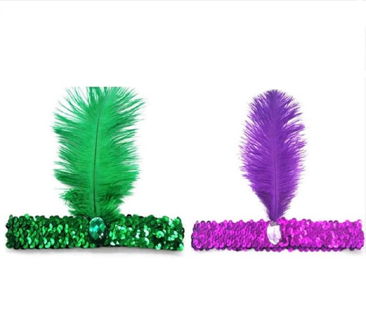 Carnival hair accessories purple and green Sequins Feather Headpiece 1920s Party Feather Headband-VivaGrace Women