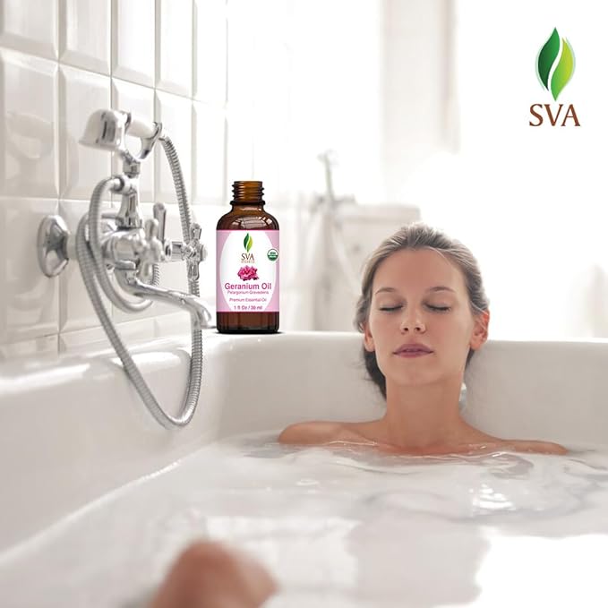 SVA Geranium Essential Oil Organic – 1 Fl Oz – 100% Natural Organic Geranium Oil - for Diffuser, Hair Care, Face, Skin Care, Aromatherapy, Scalp and Body Massage, Soap and Candle making – with Dropper-VivaGrace Women