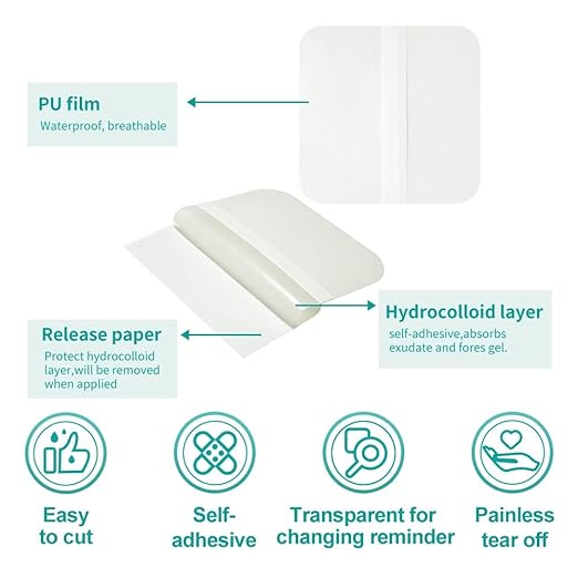 Dimora Hydrocolloid Dressing 4" x 4" for Wound Care, 10 Pack Large Patch Bandages with Self-Adhesive for Bedsore, Burn, Blister, Acne Care, Super Absorbent for Fast Healing-VivaGrace Women