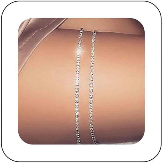 Boho Crystal Thigh Chain Silver Body Chain Leg Chains Body Jewelry Accessories for Women and Girls (Silver)-VivaGrace Women