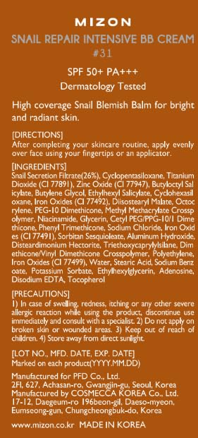 MIZON Snail Repair Blemish Balm, Multifunctional BB Cream with Snail Mucus Filtrate, Skin Care and Makeup Coverage, Strenghtens Skin Elasticity, Improves Fine Wrinkles (#31)-VivaGrace Women