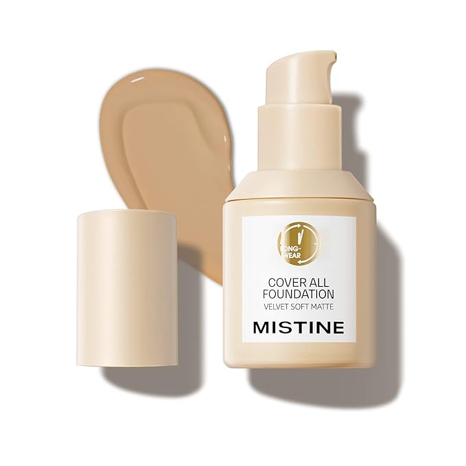 MISTINE Full Coverage Foundation Makeup for Oily Skin,24 Hour Oil Control Liquid Foundation,Skin-Caring,Moisturizing Formula,Cream Foundation,Matte Finish,Creamy Beige,1 Fl Oz-VivaGrace Women