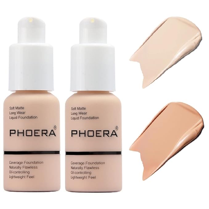 2 Pack PHOERA Foundation,Flawless Soft Matte Liquid Foundation 24 HR Oil Control Concealer Foundation Makeup,Full Coverage Foundation for Women and Girls(((101 Porcelain+103 Warm Peach)-VivaGrace Women