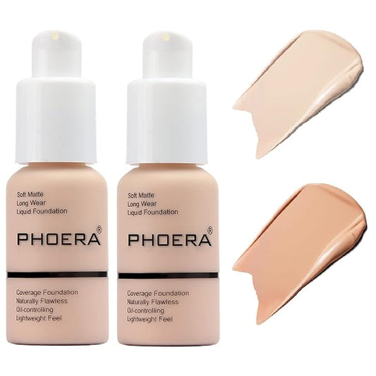 2 Pack PHOERA Foundation,Flawless Soft Matte Liquid Foundation 24 HR Oil Control Concealer Foundation Makeup,Full Coverage Foundation for Women and Girls(((101 Porcelain+103 Warm Peach)-VivaGrace Women