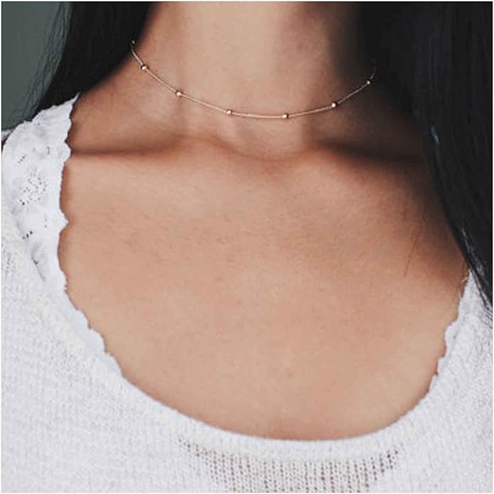 Boho Thin Beaded Choker Necklace Gold Station Ball Necklace Short Satellite Chain Necklace Everyday Minimalist Necklace Jewelry for Women and Girls-VivaGrace Women