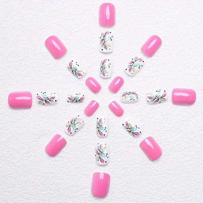 24Pcs Flower Press on Nails Short Square Fake Nails with Designs Cute False Nails Full Cover Glossy Stick on Nails Spring Summer Glue on Nails Pink Acrylic Artificial Nails for Women Daily Wear