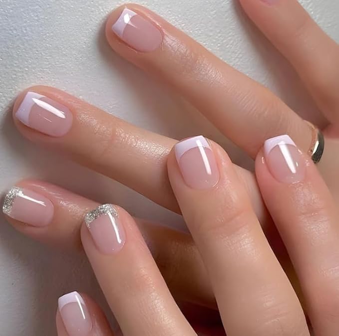 Curvlife Press on Nails Acrylic Fake Nails with Design Full Cover False Nails Reusable Nail Kit with Nail Glue Adhesive Tabs Nail File Artificial Glue on Nails (French silver edge, 30pcs)