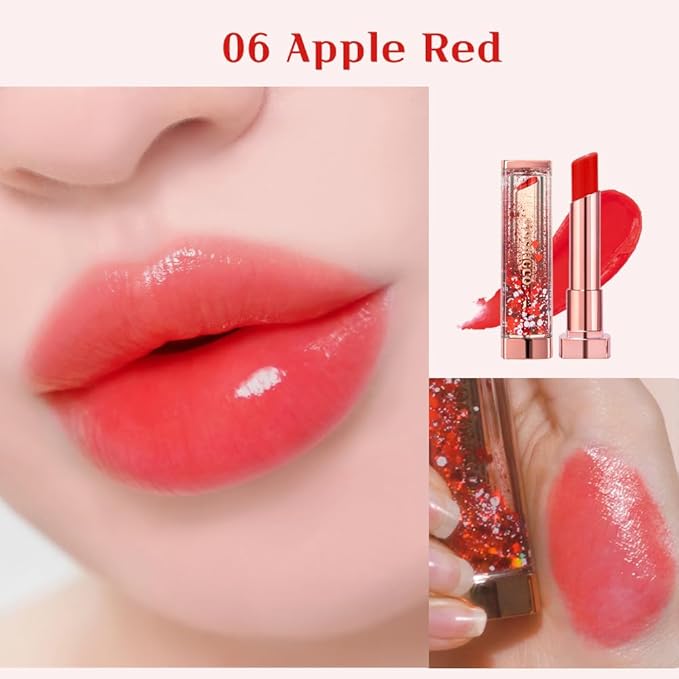 [SET] CORINGCO Sparkle Cute Color Changing Lip Balm｜ Colored Lip Cream Lip Gloss, Glitter Lip Care Lip Pack Birthday Gift Glitter Gift Sequin Shiny Spangle Lipbalm (#06 Apple Red)-VivaGrace Women