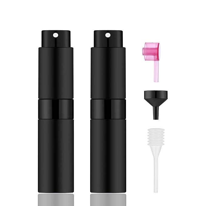 2 PCS/8ml Portable Mini Perfume Atomizer bottles, Empty Refillable Spray Bottle with 3 Types of Refill Tools, Pocket Travel Perfume Sample Bottles(Matte Black)-VivaGrace Women