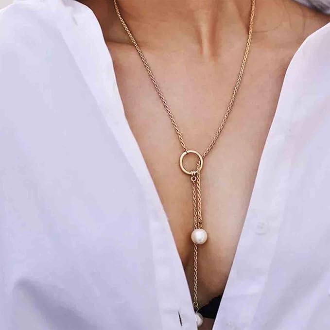 Boho Pearl Lariat Necklace Gold Chunky Chain Y Necklace Pearl Tassel Necklace Long Necklaces for Women and Girls Prom Bridal Necklace Jewelry-VivaGrace Women
