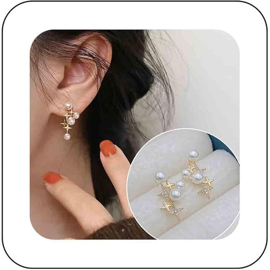 Vintage Pearl Star Earrings Rhinestone Pearl Drop Earrings Gold Crystal North Star Earrings Cz Northstar Studs Earrings Jewelry for Women-VivaGrace Women