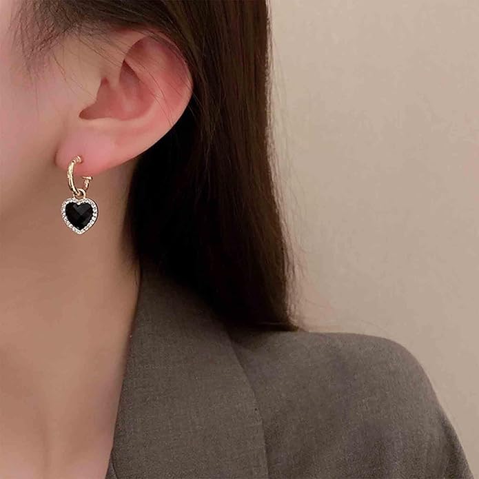 Vintage Crystal Heart Drop Earrings Black Heart Onyx Earrings Black Heart Hoop Huggie Earrings Gold Cz Love Heart Earrings Jewelry for Women-VivaGrace Women