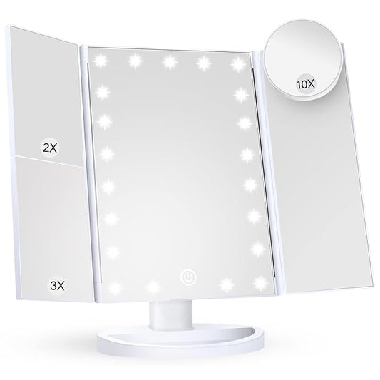 HUONUL Makeup Mirror Vanity Mirror with Lights, 2X, 3X, 10X Magnification, Touch Control, Trifold, White, 9.4" L x 13.4" W, Modern Style, Dresser Mount, Bathroom-VivaGrace Women