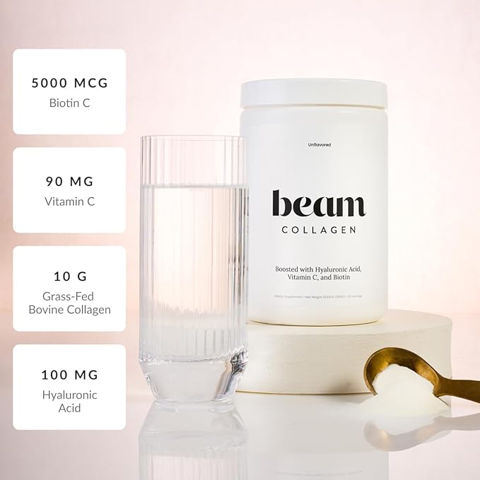 Beam Collagen Powder, Collagen for Women, Collagen with Hyaluronic Acid, Collagen Peptides Type 1 and 3, with Biotin, Grass Fed Bovine, Third-Party Tested, Best for Coffee, Vitamin C, 60 Servings-VivaGrace Women