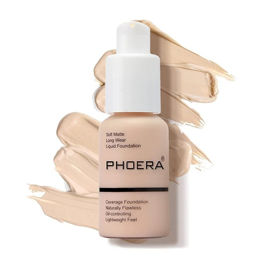 PHOERA Foundation Makeup Naturally Liquid Foundation Full Coverage Mattle Oil-Control Concealer 8 Colors Optional,Great Choice For Gift(#101 Porcelain,30ml)-VivaGrace Women