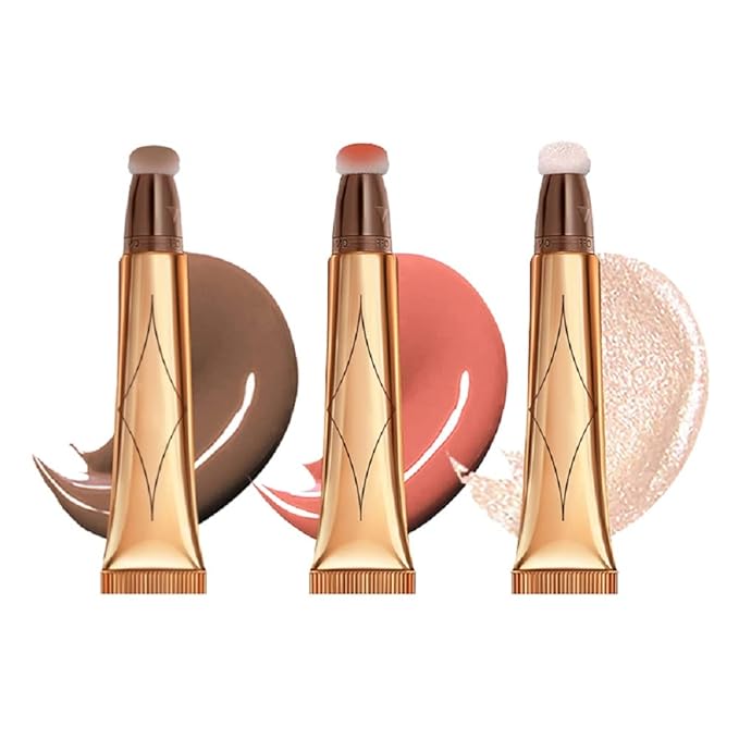 3 Color Contour Beauty Wand, Highlighter ，Blush，Face Concealer Contouring with Cushion Applicator Long Lasting & Smooth Matte Finish Liquid Illuminator Makeup Stick . (01#Contour +02#Blush+04#Highlighter)-VivaGrace Women