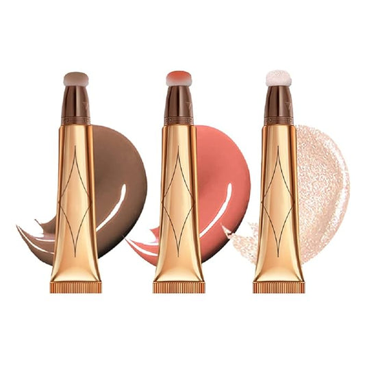 3 Color Contour Beauty Wand, Highlighter ，Blush，Face Concealer Contouring with Cushion Applicator Long Lasting & Smooth Matte Finish Liquid Illuminator Makeup Stick . (01#Contour +02#Blush+04#Highlighter)-VivaGrace Women