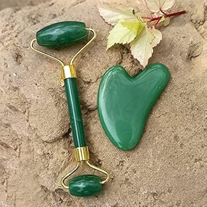 Green Jade Roller & Gua Sha Set, Face Roller Manual Massager,Green Jade Applicator for Face, Neck,Body Muscle,Relaxing, Stimulating Blood Flow, Relieve Fine Lines, Wrinkles,Green-VivaGrace Women