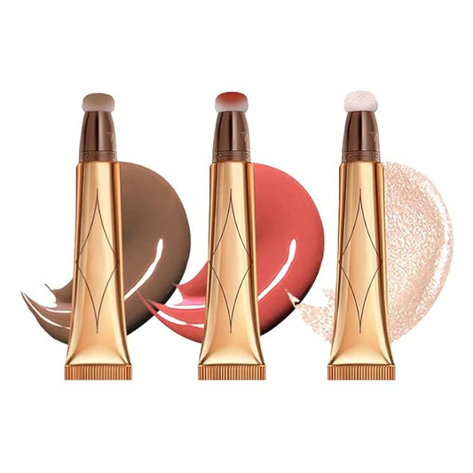 3 Color Contour Beauty Wand, Highlighter ，Blush，Face Concealer Contouring With Cushion Applicator Long Lasting & Smooth Matte Finish Liquid Illuminator Makeup Stick .01 Contour+03 Cherry Red+04 Pear White-VivaGrace Women
