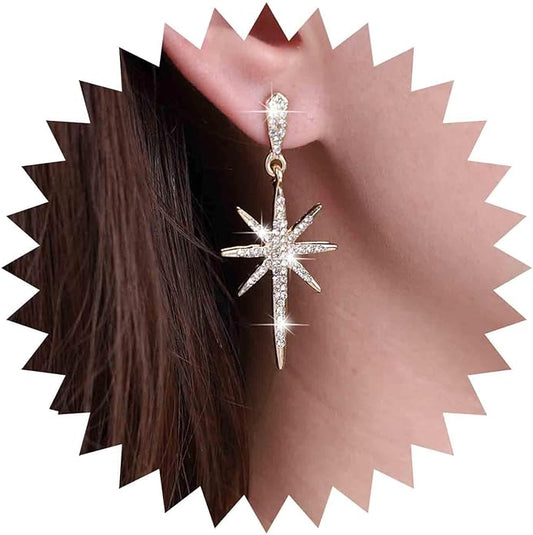 Vintage Crystal Northstar Dangle Earrings Rhinestone Northstar Studs Earrings Gold Cz Star Drop Earrings Sparkly Cz Starburst Earrings Jewelry for Women-VivaGrace Women