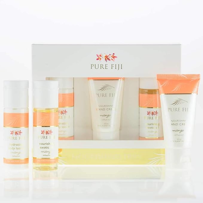Pure Fiji Nourishing Trio, Ideal Spa Bath Gift Set for Women - Travel Kit - Includes Exotic Body Oil , Hydrating Body Lotion For Women and Nourishing Hand Cream, Mango Scent-VivaGrace Women