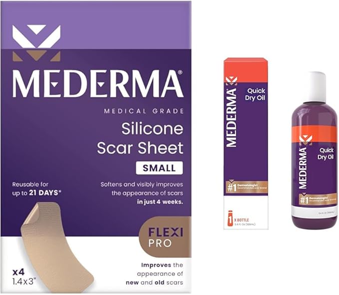 Mederma Scar Sheets and Oil Bundle; Improves Appearance of Scars and Stretch Marks; 4 Reusable Silicone Sheets and 3.4oz Fast Absorbing Botanical Oil-VivaGrace Women
