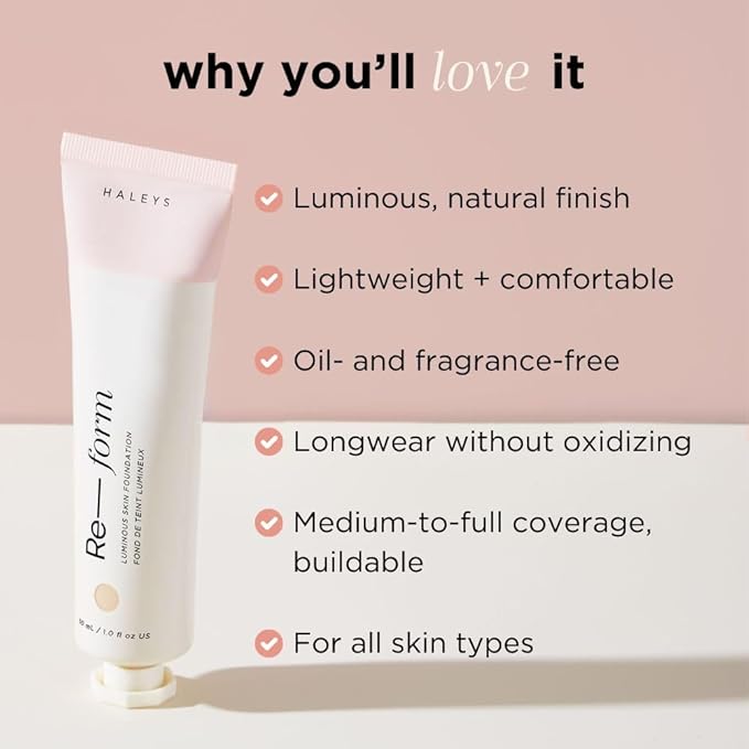 HALEYS Re-form Luminous Skin Foundation, VEGAN + CRUELTY-FREE, Blurs, Conceals, Blendable, Buildable Med-to-Full Coverage, Weightless, Oil-free, All-Day Wear, Hyaluronic Acid, All skin types (4.3)-VivaGrace Women