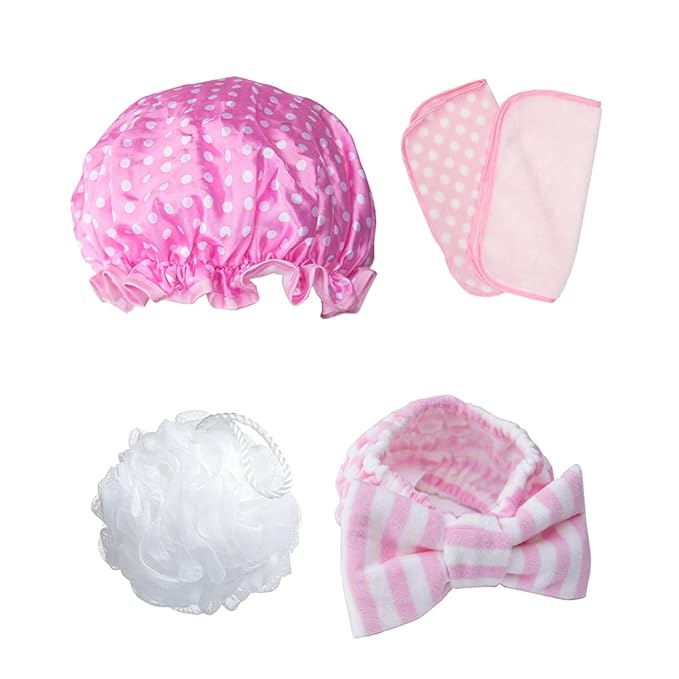 The Vintage Cosmetic Company Totally Pampered Kit, Collection Includes Make Up Headband Body Polisher Shower Cap and Make Up Removing Cloths, Relax and Pamper Gift Set, Pink Design-VivaGrace Women