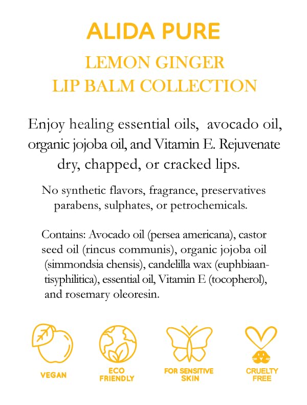 Lemon Ginger Lip Balm Collection, Vegan Lip Balm Set, Bees Wax Free, with Avocado Oil, Organic Jojoba Oil, Vitamin E, Natural Moisturizer For Dry, Cracked, or Chapped Lips, 3 Tube Set-VivaGrace Women