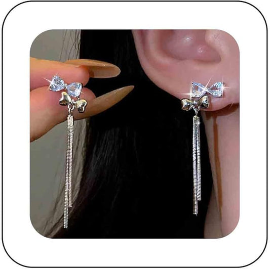 Vintage Crystal Bow Chain Drop Earrings Rhinestone Heart Stud Earrings Silver Long Chain Tassel Earrings Sparkly Cz Bridal Earrings Jewelry for Women-VivaGrace Women
