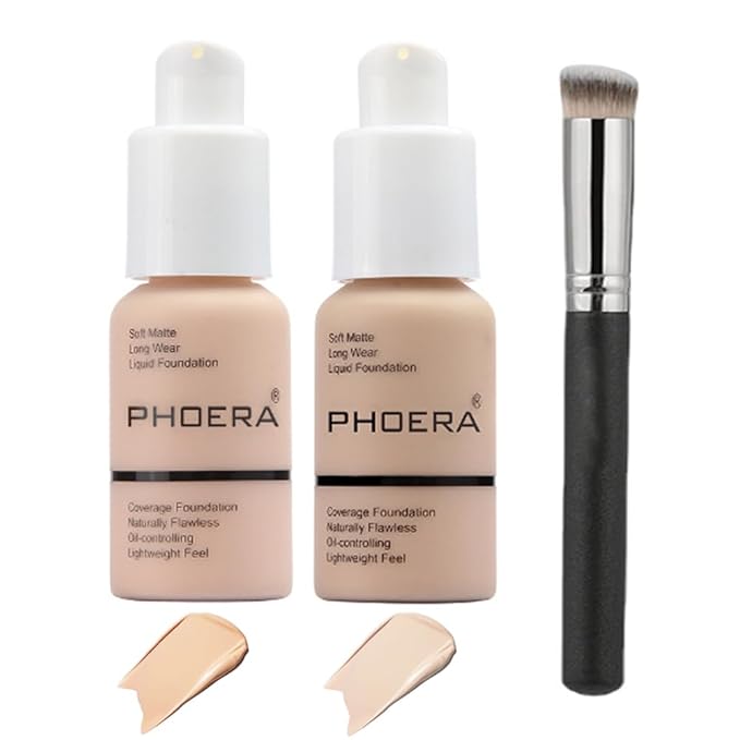 2 Pcs Liquid Foundation 101 and 102 with Kabuki Foundation Brush Flat Top,Full Coverage Foundation Makeup Set,30ml 24HR Matte Oil Control Concealer(Porcelain & Nude)-VivaGrace Women