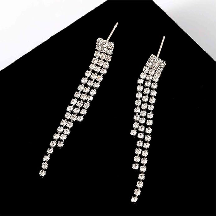 Boho Rhinestone Tassel Earrings Long Fringe Drop Dangle Earrings Silver Crystal Chain Tassel Earrings Vintage Chandelier Chain Studs Earrings Luxury Statement Earrings Jewelry for Women and Girls Gifts-VivaGrace Women