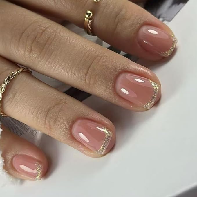 Short Press on Nails Gold Glitter Tip Fake Nails Nude Pink Stick on Nails Square False Nails Full Cover Glue on Nails Spring French Tip Stick on Nails for Women and Girls 24Pcs