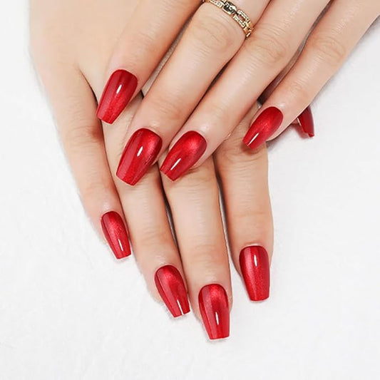 Red Medium Coffin Press On Nails, Cat Eye Press on Nails, Fashion Gel Fake Nails, Reusable Red Fake Nails, Glossy Stick on Nails for Women Girls, Glue on Nails Kit, Ballet Heatwave