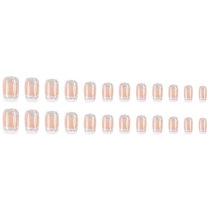 Press on Nails White French Tip Fake Nails Square Medium Length False Nails with Silver Glitter Designs Ombre Glossy Artificial Nails Acrylic Glue on Nails Natural Stick on Nails for Women