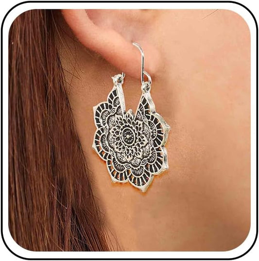 Boho Mandala Flower Earrings Gold Drop Dangle Earrings Tribal Earrings Vintage Ethnic Hoop Earrings Jewelry for Women and Girls-VivaGrace Women