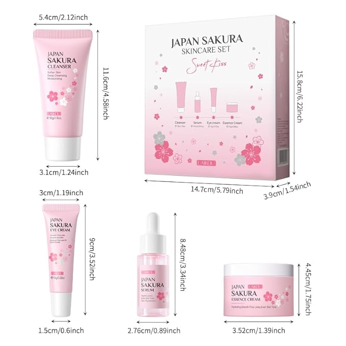 Skin Care Set JAPAN SAKURA Beauty Gift Sets Skin Care Kit with Cleanser, Serum, Eye Cream, Face Cream Travel Kit for Women Mom Wife Teen Girls Gentle Skin Cleaning TSA-friendly Sizes 4pcs-VivaGrace Women
