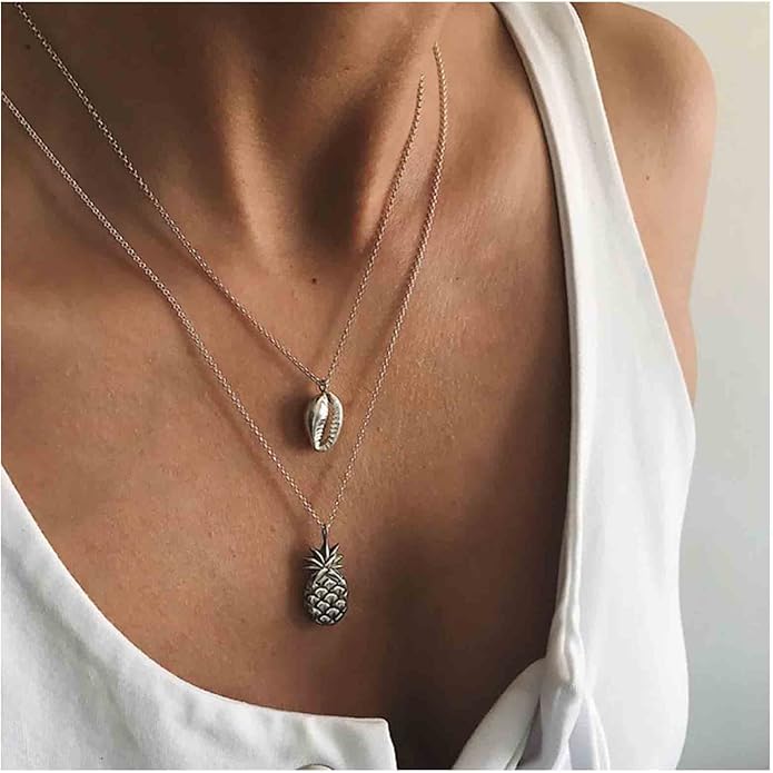 Boho Layered Shell Pineapple Choker Necklace Silver Seashell Pendant Necklace Vintage Cowrie Shell Necklace Beach Charm Necklace Jewelry for Women Gifts-VivaGrace Women