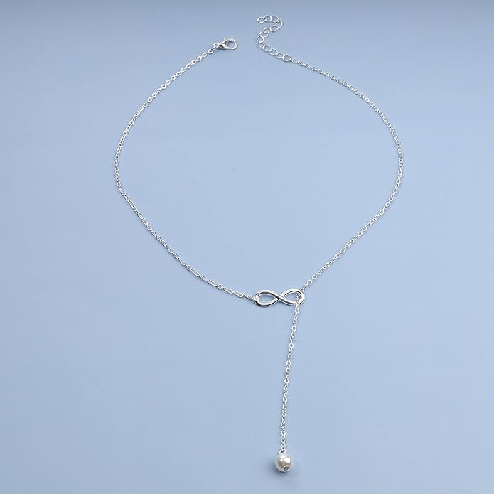 Boho Pearl Infinity Necklace Silver Y Pearl Necklace Minimalist Chain Y Lariat Necklace Chain Jewelry for Women and Girls-VivaGrace Women