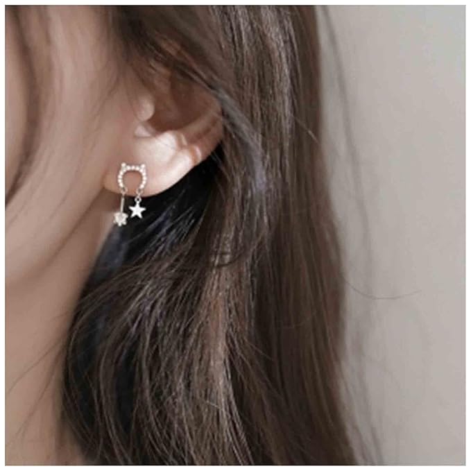 Crystal Cat Studs Earrings Silver Crystal Star Dangle Earrings Boho Rhinestone Drop Earrings Natural Inspired Animal Earrings Jewelry for Women and Girls Cat Lover Gifts-VivaGrace Women